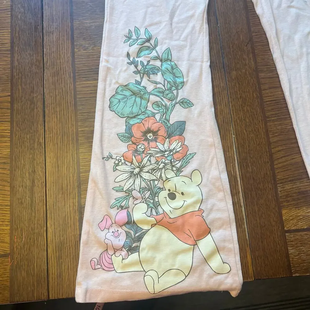 Disney Winnie The Pooh Girls Pink Flare Pants Bell Bottoms Floral Piglet Small
